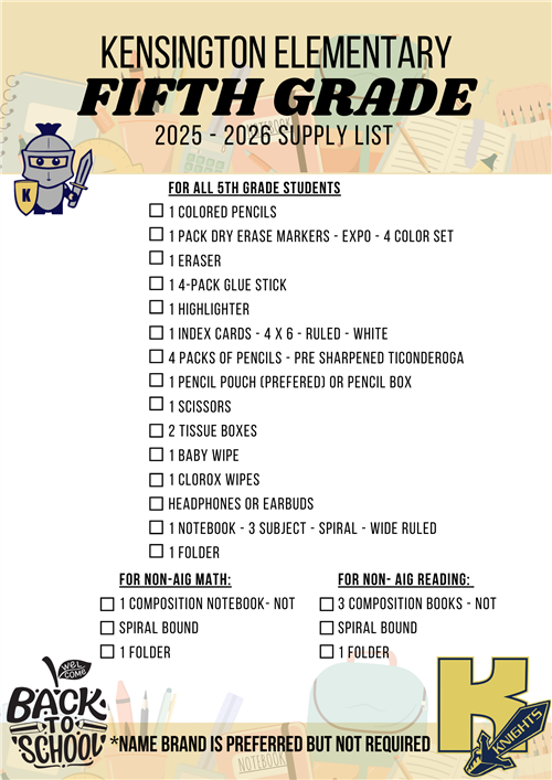fifth grade supply list